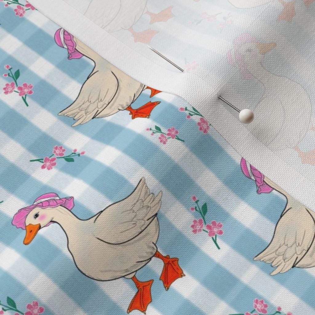 Blue Goose Gingham Fabric, Cottagecore Duck Seamless Pattern, Coquette Farmhouse Floral Plaid Print, Cute Vintage Goose Fabric for Baby