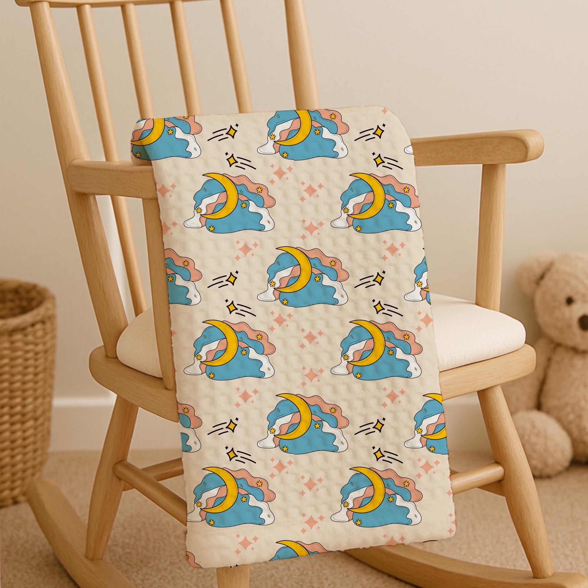 Celestial Moon Fabric by Yard | Cream Boho Star Cloud Print Quilting Cotton (Nursery Fabric)