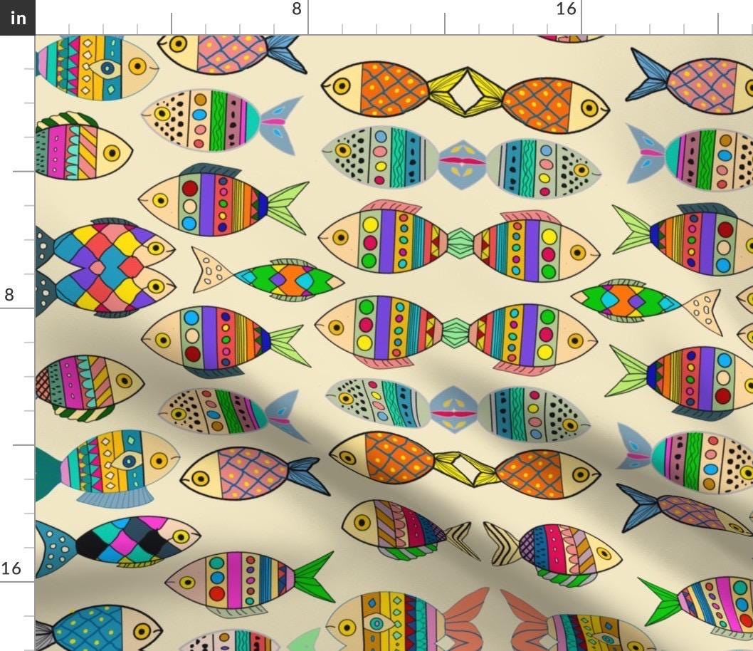 Rainbow Fish Fabric, Playful Nautical Print, Satin or Cotton, Quilting, clothes, fabric by the yard.