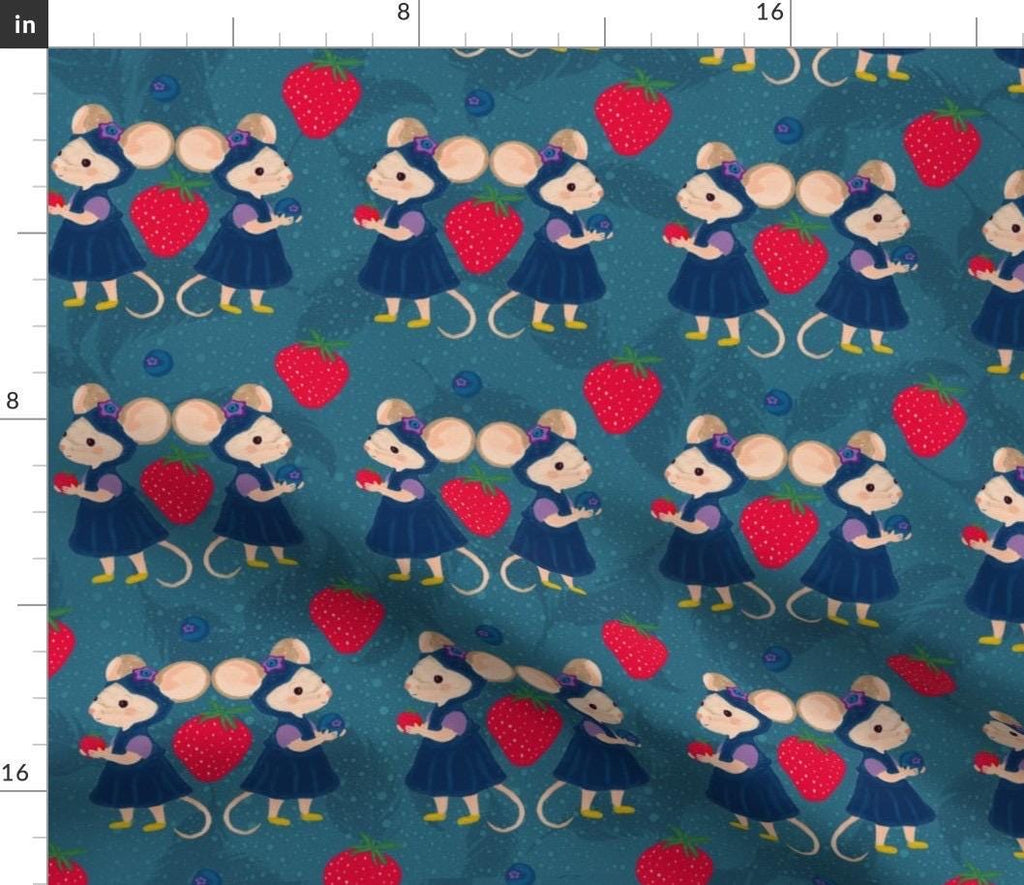 Kawaii Strawberry Mouse Fabric by the Yard | Cottagecore Nursery Print