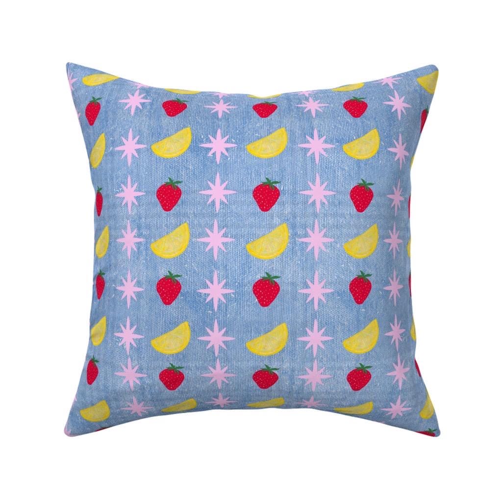 Strawberry Lemon Blue Denim fabric, vintage inspired textile, Fabric by the yard.