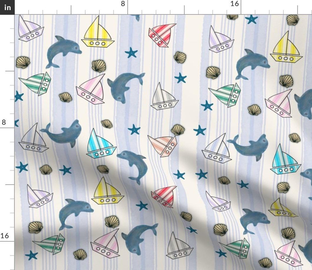 Ocean Dolphin Sailboat Nursery Fabric, Coastal Nautical Cotton Pattern