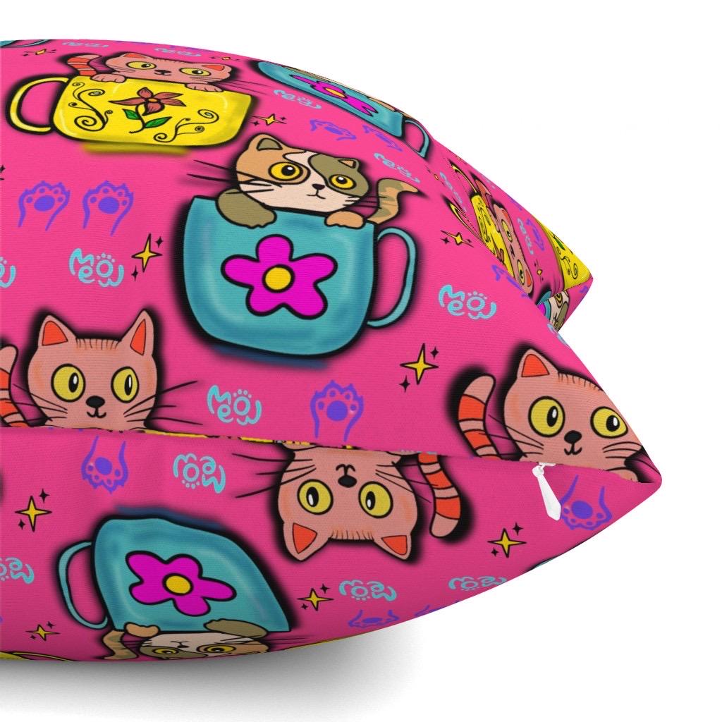 Pink Kawaii Kitty Fabric by the yard | Cats Lover | Tea Cup Cat | Textile Design
