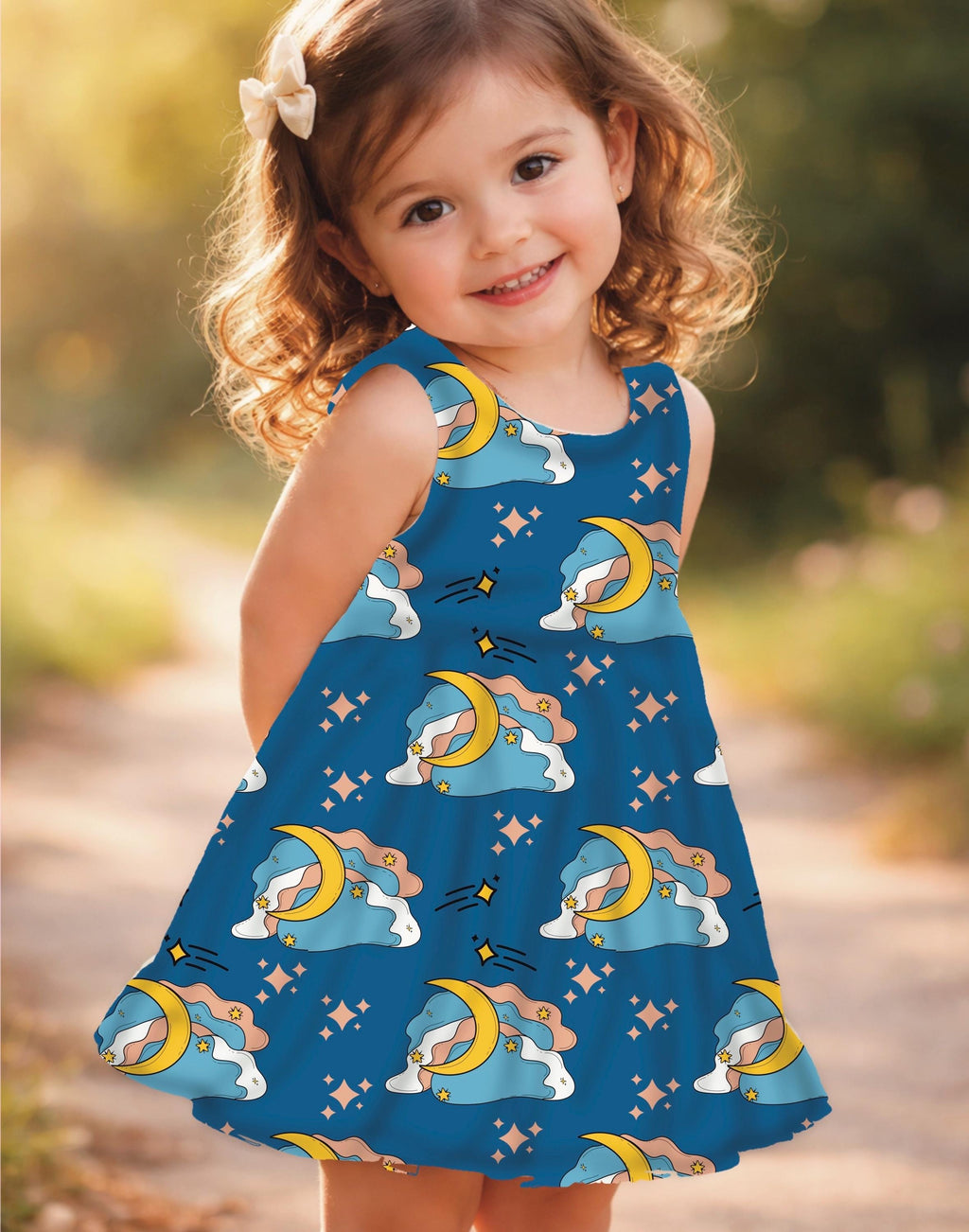 Navy Blue Celestial Cotton Fabric | Moon, Clouds, Stars Print, Nursery Sewing Material