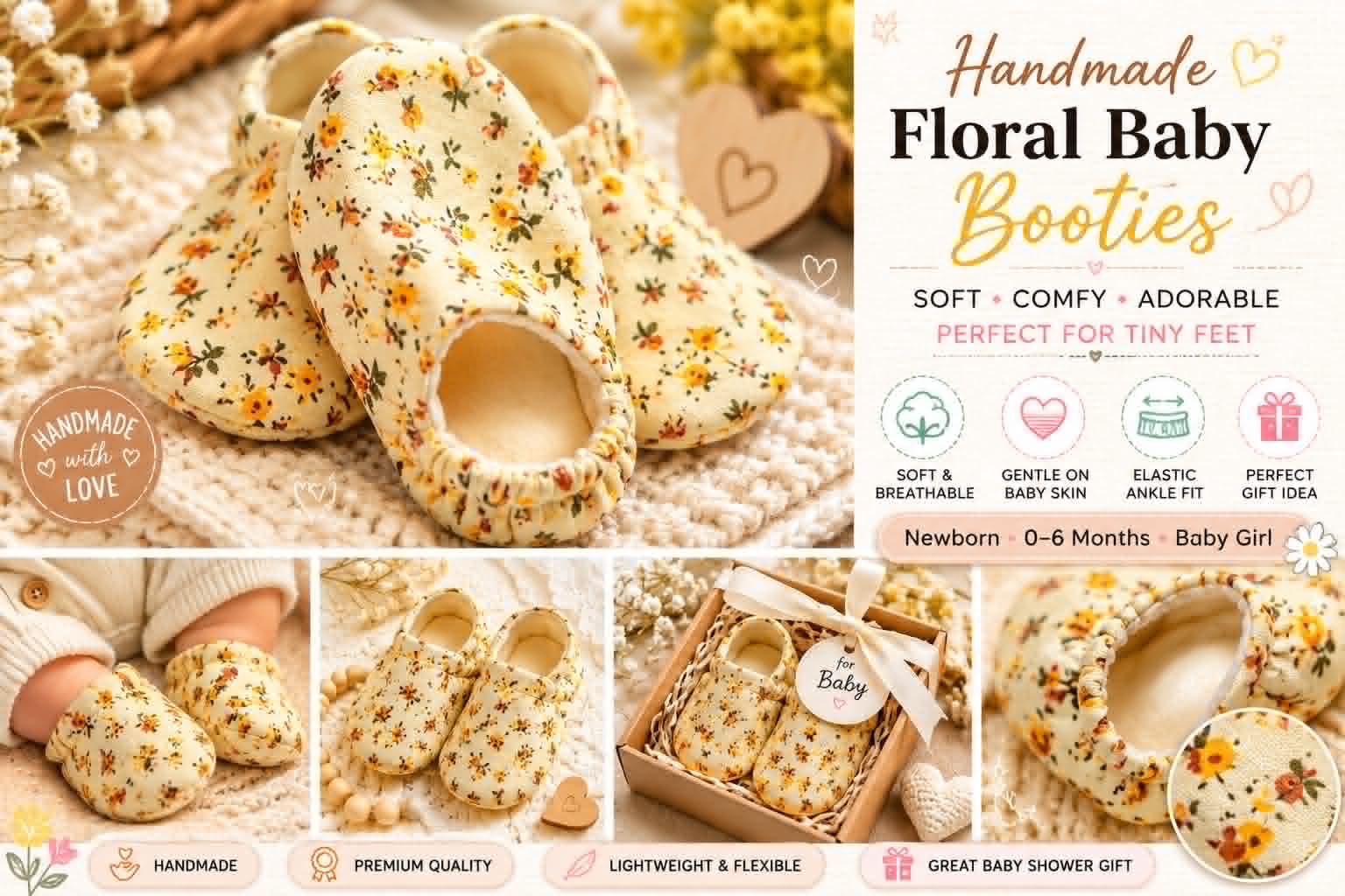 Handmade Floral Baby Booties for Newborn Girls | Soft Sole Baby Shoes | Baby Shower Gift