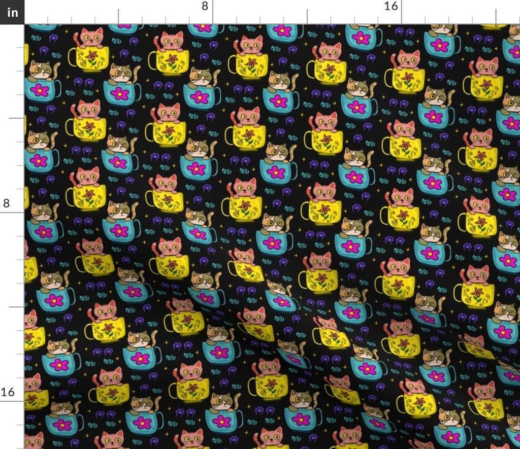 Kawaii Cat in Mug Fabric | Playful Kittens, Floral Accents, Whimsical Designs, fabric by the yard