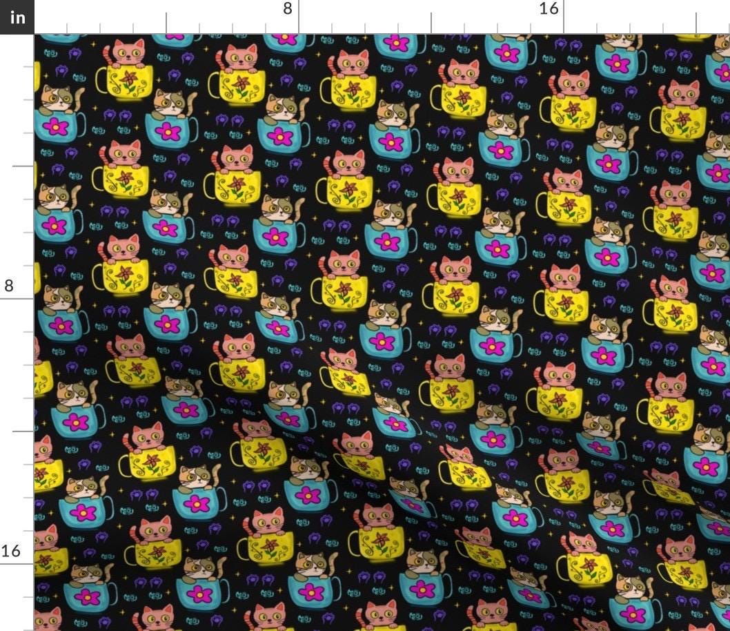 Kawaii Cat in Mug Fabric | Playful Kittens, Floral Accents, Whimsical Designs, fabric by the yard