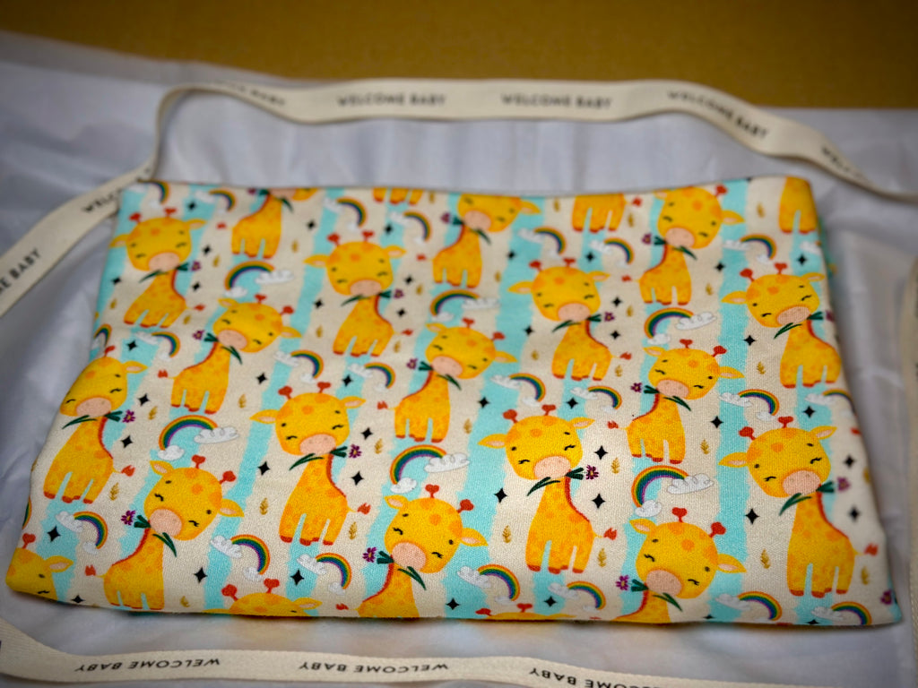 Handmade Baby Gift Set, Giraffe Baby Shower Gift, Baby Blanket Bib Burp Cloth Set, Teether Toy, Pacifier Clip, Newborn Gift Box