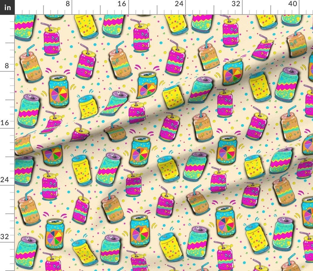 Retro Soda Pop Fabric, Playful Cans, Pop Art Pattern, Cotton or Satin