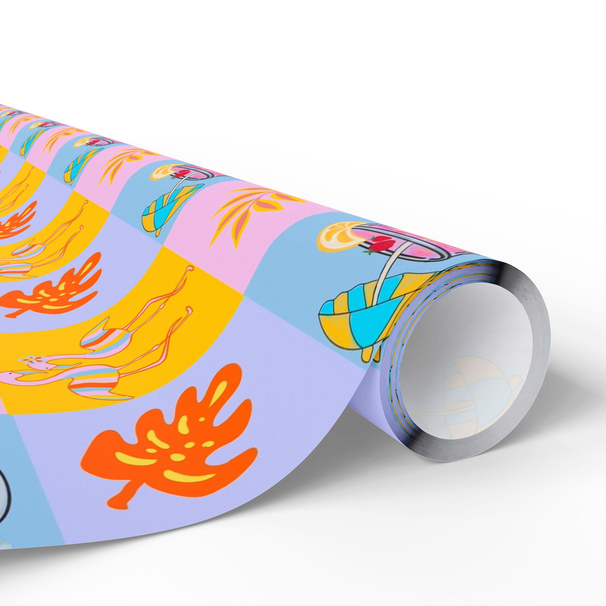 Colorful Tropical Pattern Wrapping Paper | Palm Leaves, Flip Flops, Summer Motif