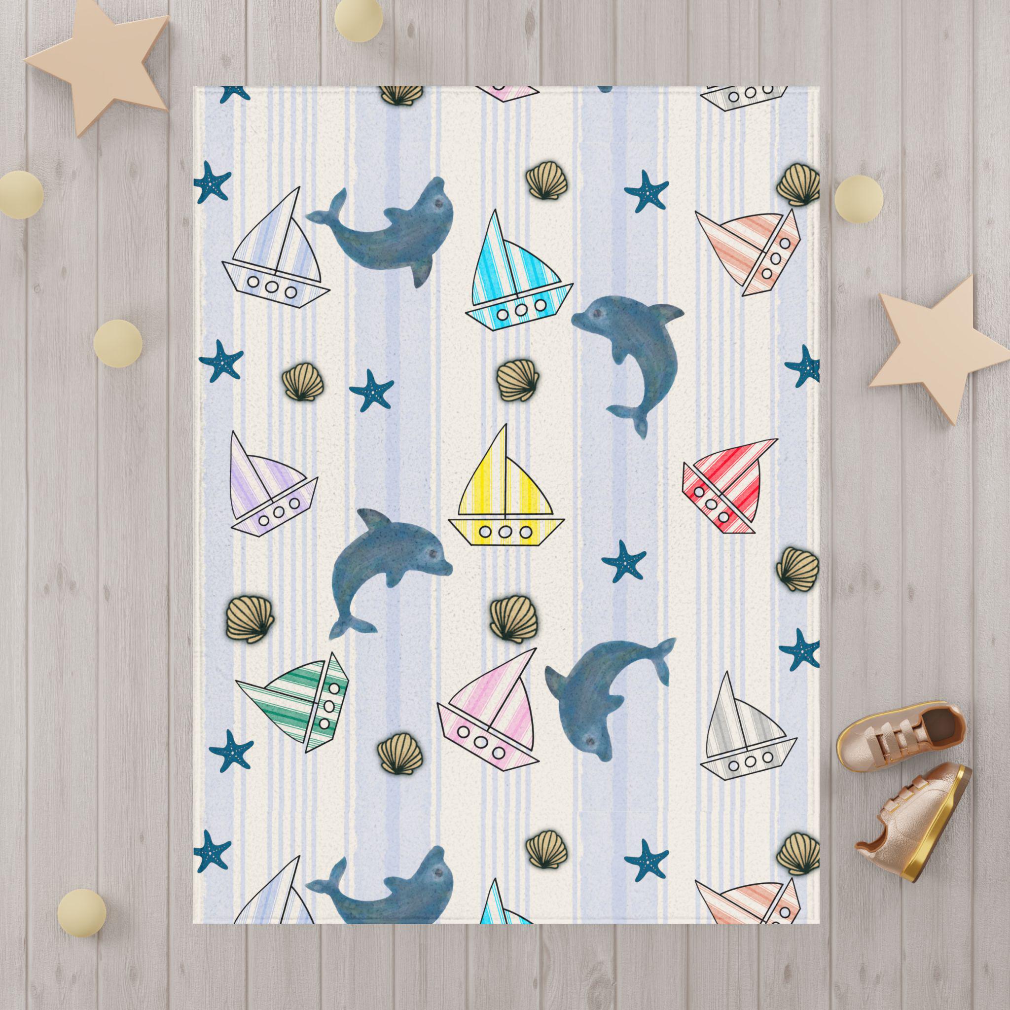 Dolphin and Sailboat Pattern Toddler Blanket | Nautical Sea Shells Striped