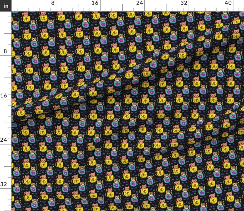Kawaii Cat in Mug Fabric | Playful Kittens, Floral Accents, Whimsical Designs, fabric by the yard