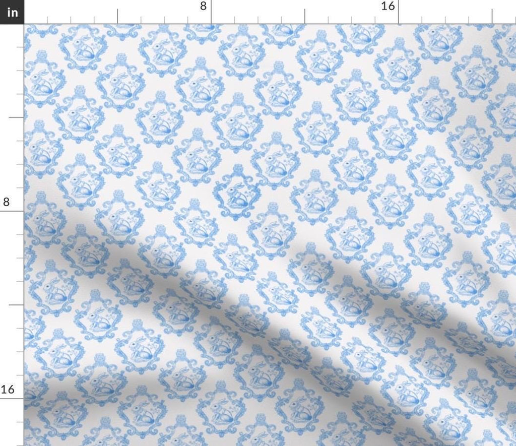 French Blue Bunny Toile  Fabric, Vintage Easter, Nursery Decor, Quilting, Fabric by the yard.