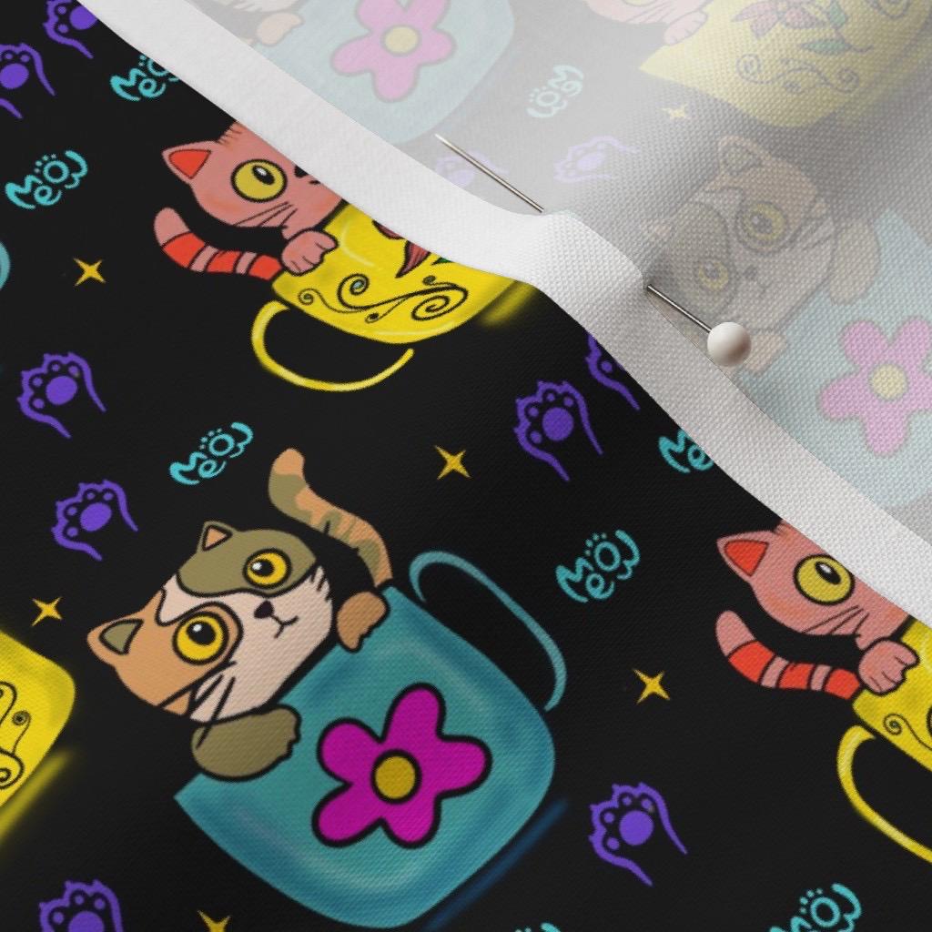 Kawaii Cat in Mug Fabric | Playful Kittens, Floral Accents, Whimsical Designs, fabric by the yard