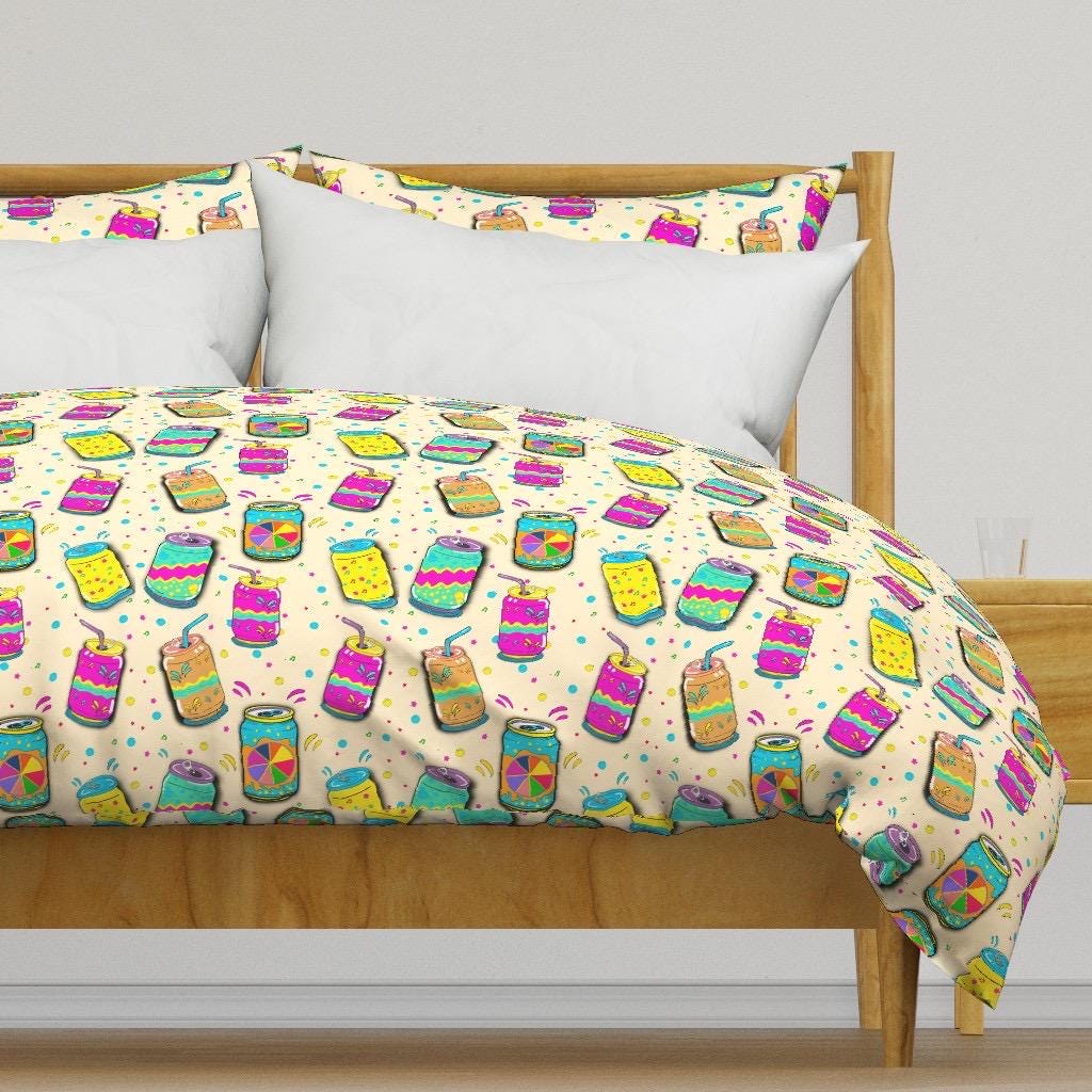 Retro Soda Pop Fabric, Playful Cans, Pop Art Pattern, Cotton or Satin