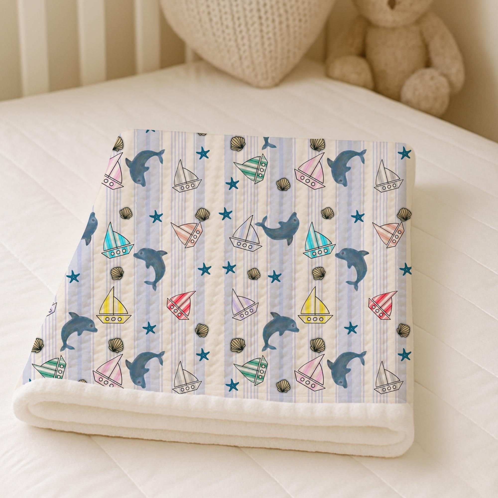 Ocean Dolphin Sailboat Nursery Fabric, Coastal Nautical Cotton Pattern