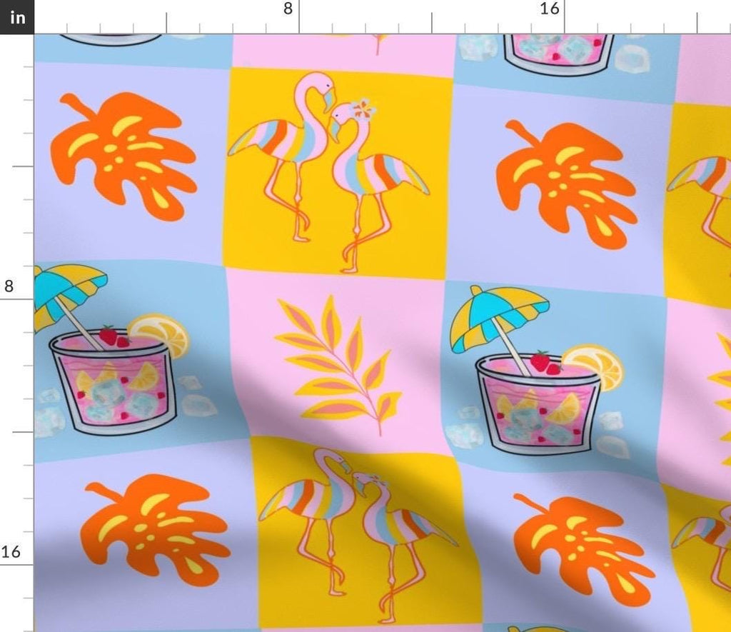 Tropical Flamingo Cocktail Fabric, Summer Beach Pattern, Citrus Drink, Palm Leaf, Kids Apparel Print