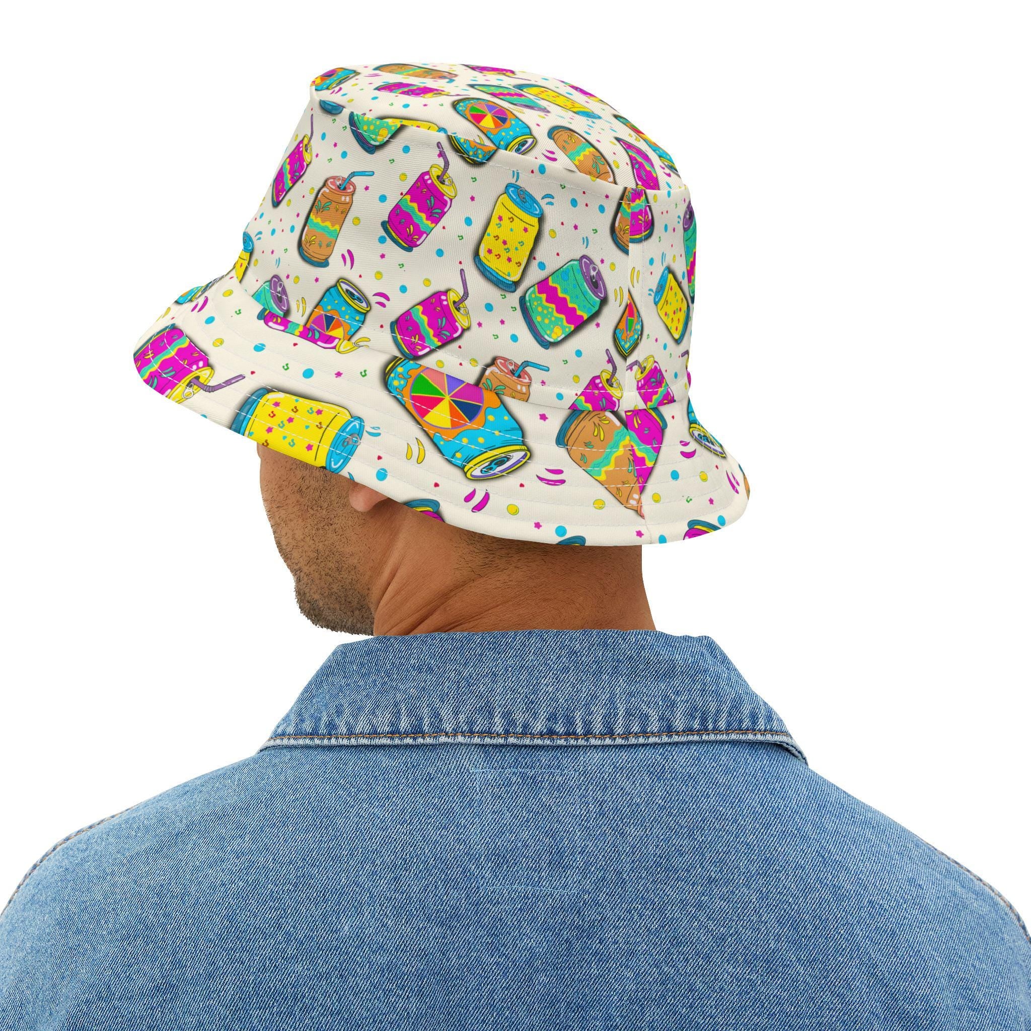 Colorful Soda Can Pattern Bucket Hat | Neon Pop Beverage Print