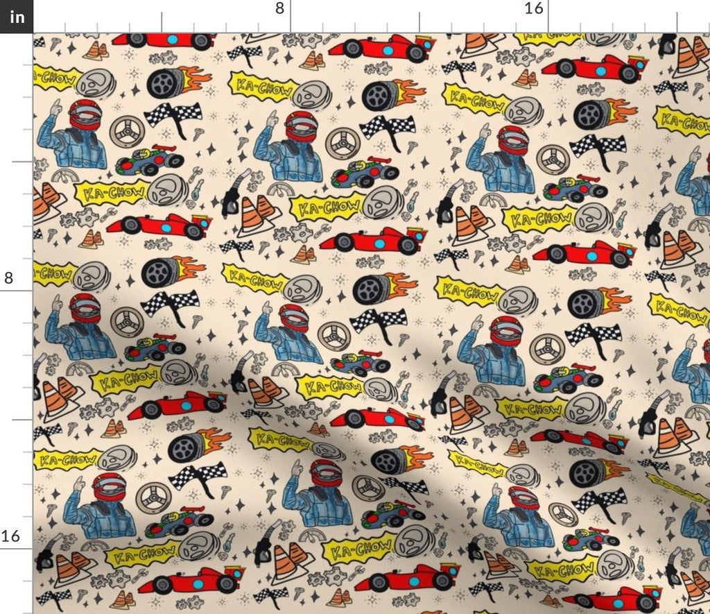 Doodle Racing Cars Fabric, Kids Quilting, Apparel Print, Cotton, Satin, Fabric by the yard