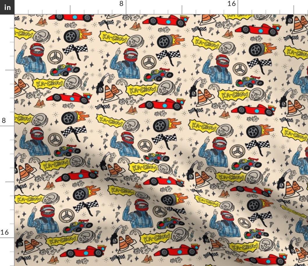 Doodle Racing Cars Fabric, Kids Quilting, Apparel Print, Cotton, Satin, Fabric by the yard