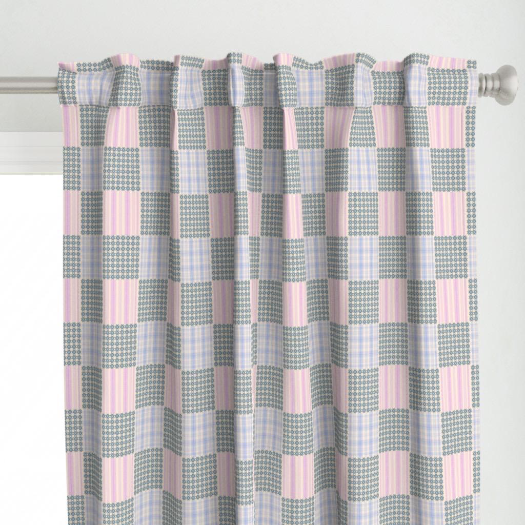 Vintage Patchwork Cotton Fabric, Blue Floral Pink Stripe, Pastel Quilting Material