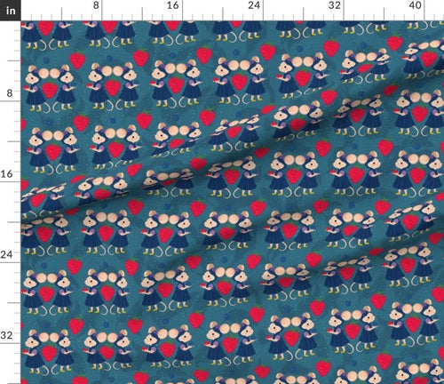 Kawaii Strawberry Mouse Fabric by the Yard | Cottagecore Nursery Print