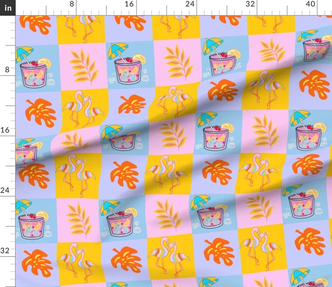 Tropical Flamingo Cocktail Fabric, Summer Beach Pattern, Citrus Drink, Palm Leaf, Kids Apparel Print