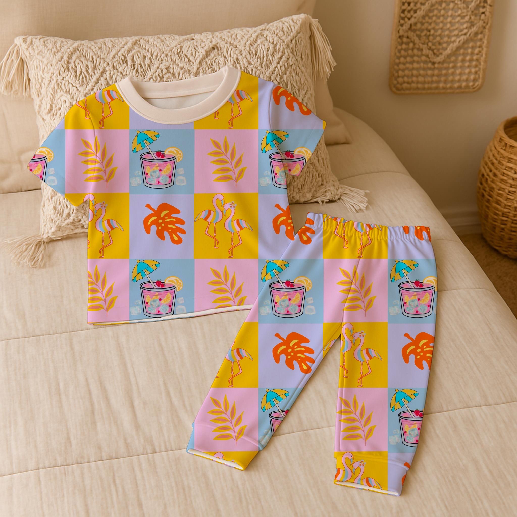 Tropical Flamingo Cocktail Fabric, Summer Beach Pattern, Citrus Drink, Palm Leaf, Kids Apparel Print