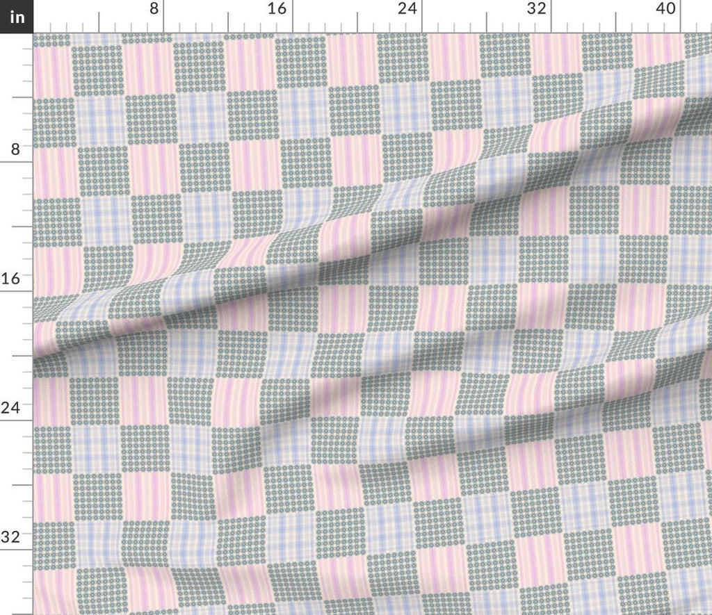 Vintage Patchwork Cotton Fabric, Blue Floral Pink Stripe, Pastel Quilting Material