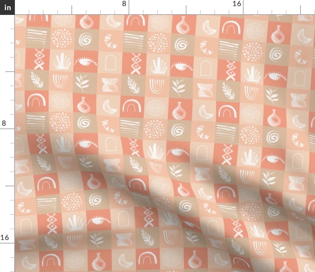 Boho Checker Fabric | Folk Art Mystical Eye, Vase, Rainbow Print (by the Yard)