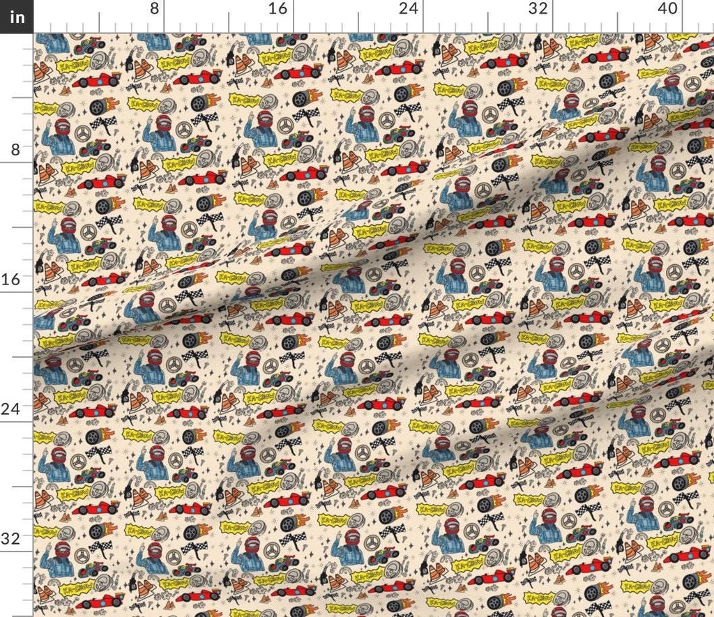 Doodle Racing Cars Fabric, Kids Quilting, Apparel Print, Cotton, Satin, Fabric by the yard