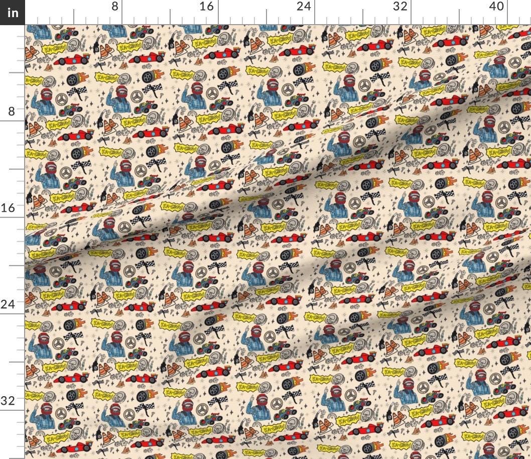 Doodle Racing Cars Fabric, Kids Quilting, Apparel Print, Cotton, Satin, Fabric by the yard