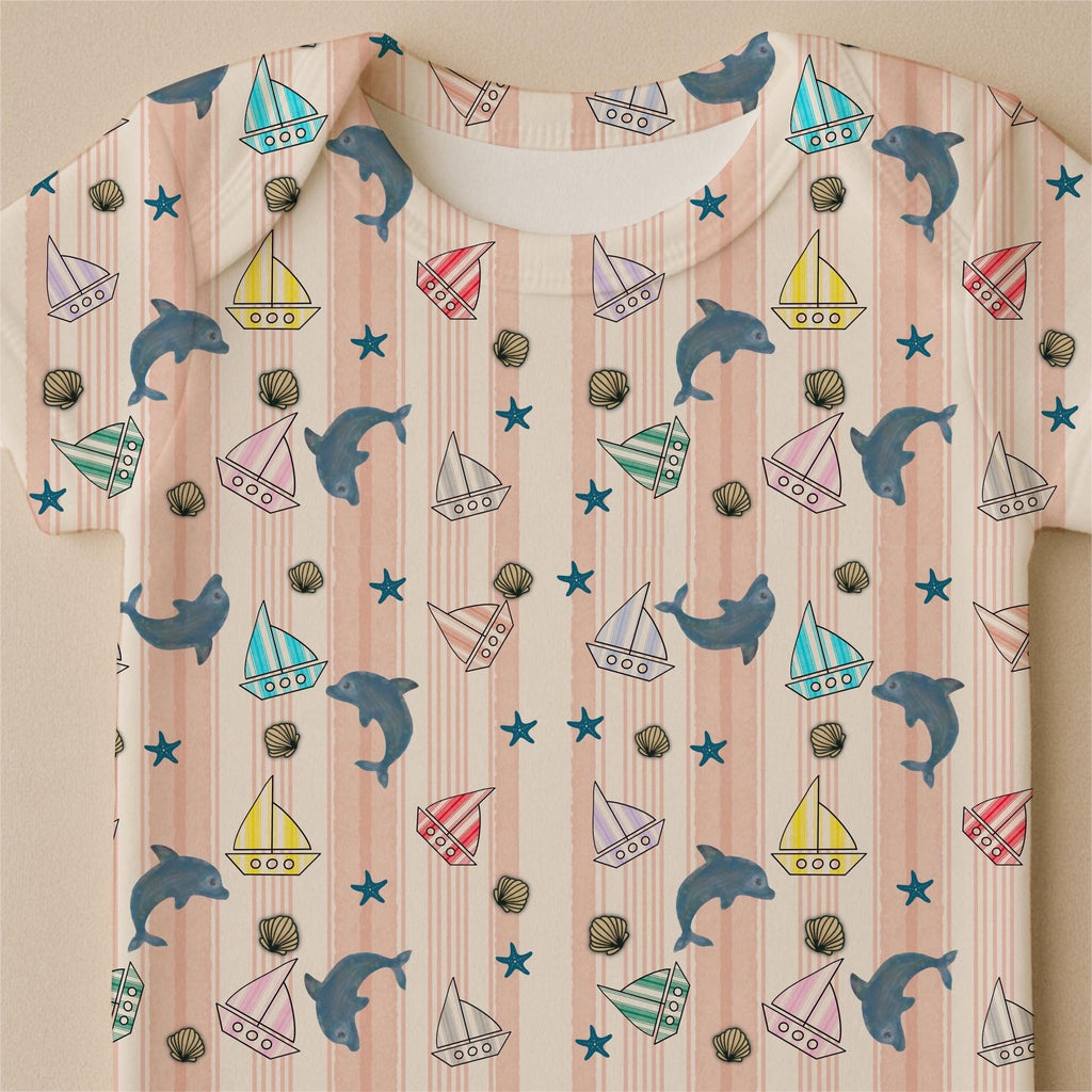 Pastel Dolphin Sailboat Nautical Cotton Fabric, Watercolor Ocean Baby Pattern