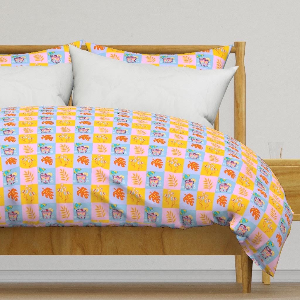 Tropical Flamingo Cocktail Fabric, Summer Beach Pattern, Citrus Drink, Palm Leaf, Kids Apparel Print