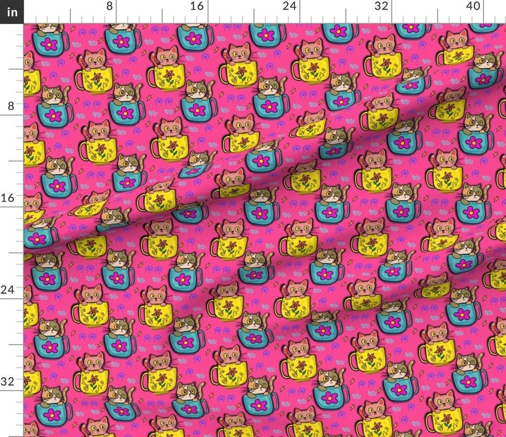 Pink Kawaii Kitty Fabric by the yard | Cats Lover | Tea Cup Cat | Textile Design
