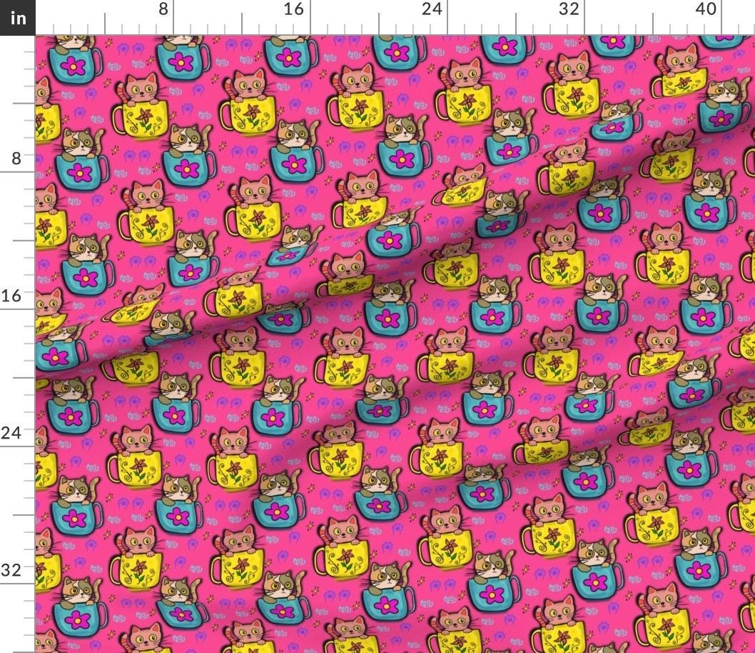 Pink Kawaii Kitty Fabric by the yard | Cats Lover | Tea Cup Cat | Textile Design