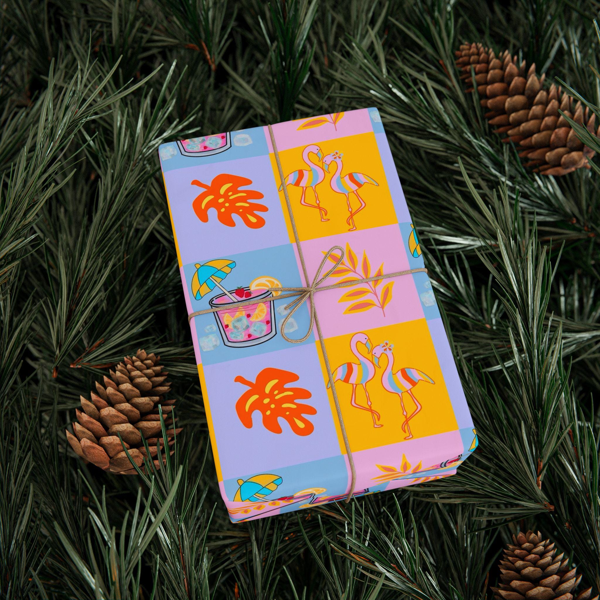 Colorful Tropical Pattern Wrapping Paper | Palm Leaves, Flip Flops, Summer Motif