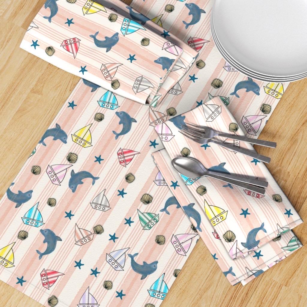 Pastel Dolphin Sailboat Nautical Cotton Fabric, Watercolor Ocean Baby Pattern