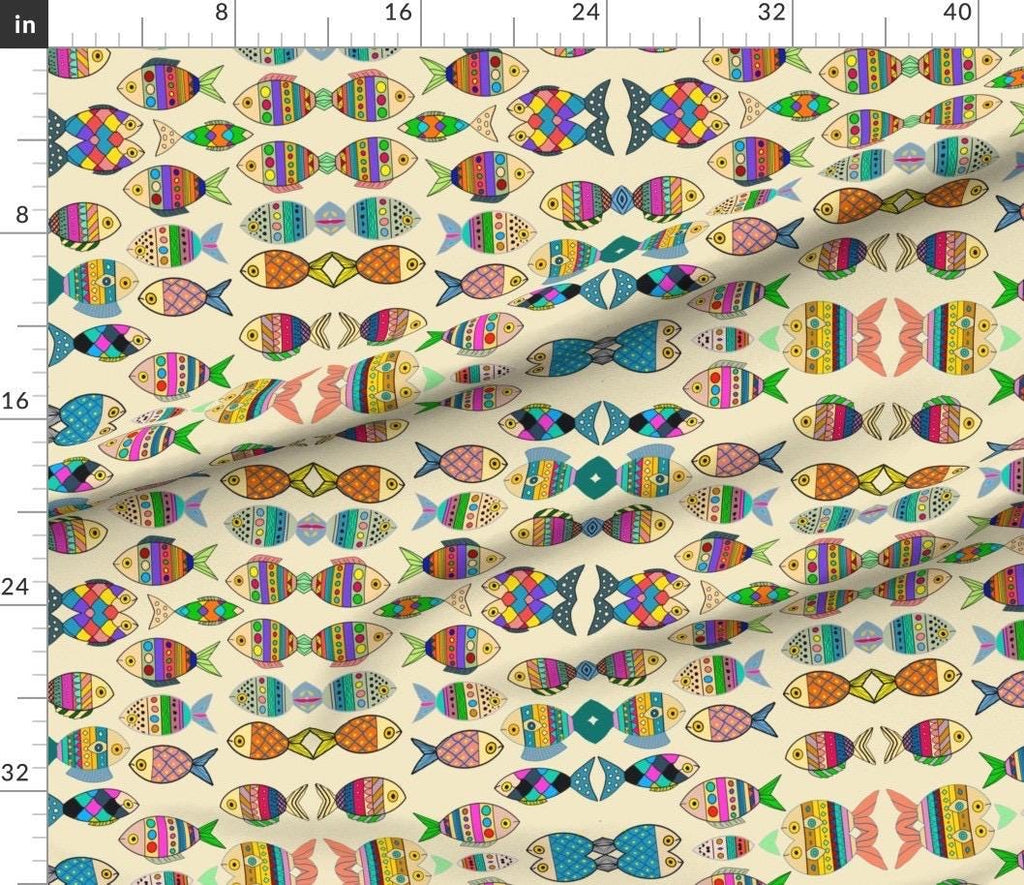 Rainbow Fish Fabric, Playful Nautical Print, Satin or Cotton, Quilting, clothes, fabric by the yard.