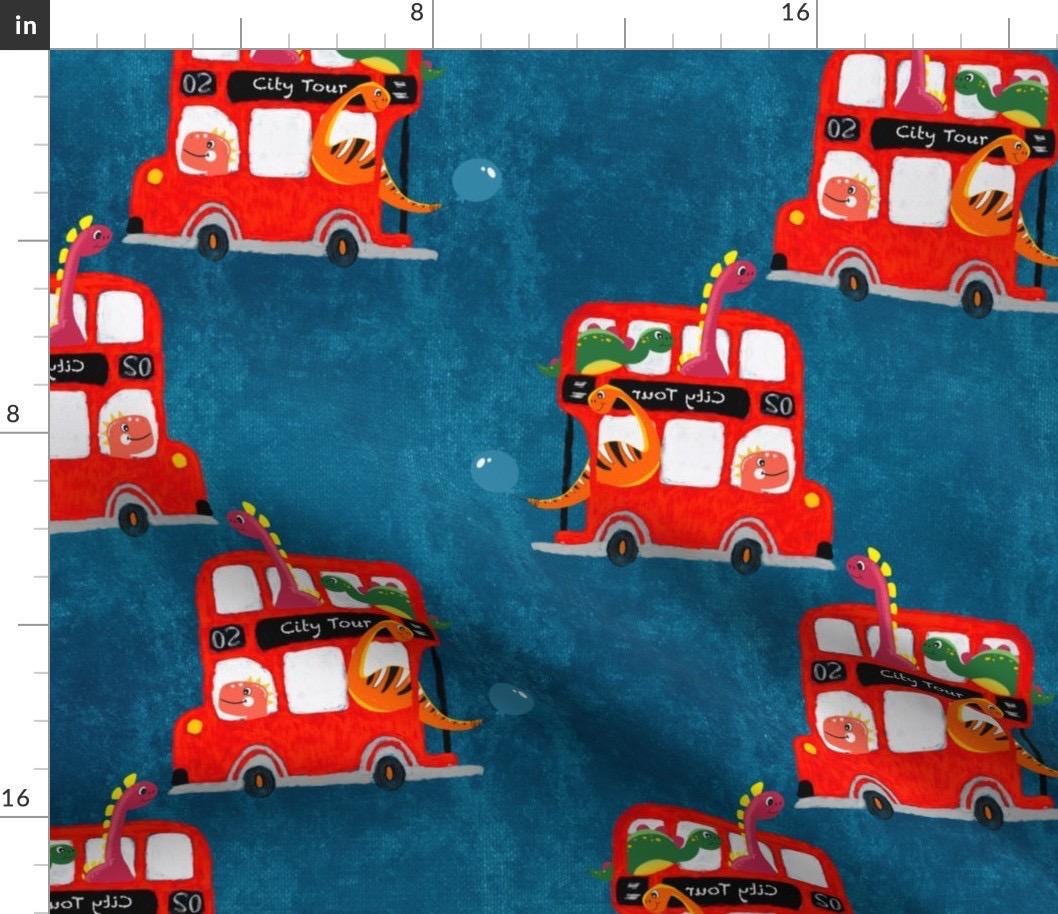 Dinosaur London Bus Fabric by the Yard | Kids Novelty Cotton Print