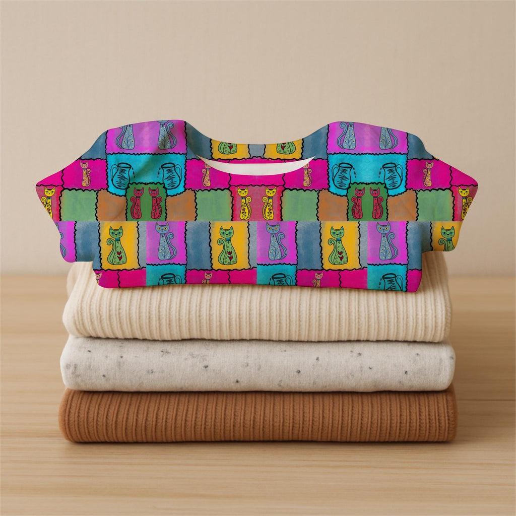 Whimsical Cat Patchwork Fabric – Folk Art Naive Illustration, Boho Quilting Cotton