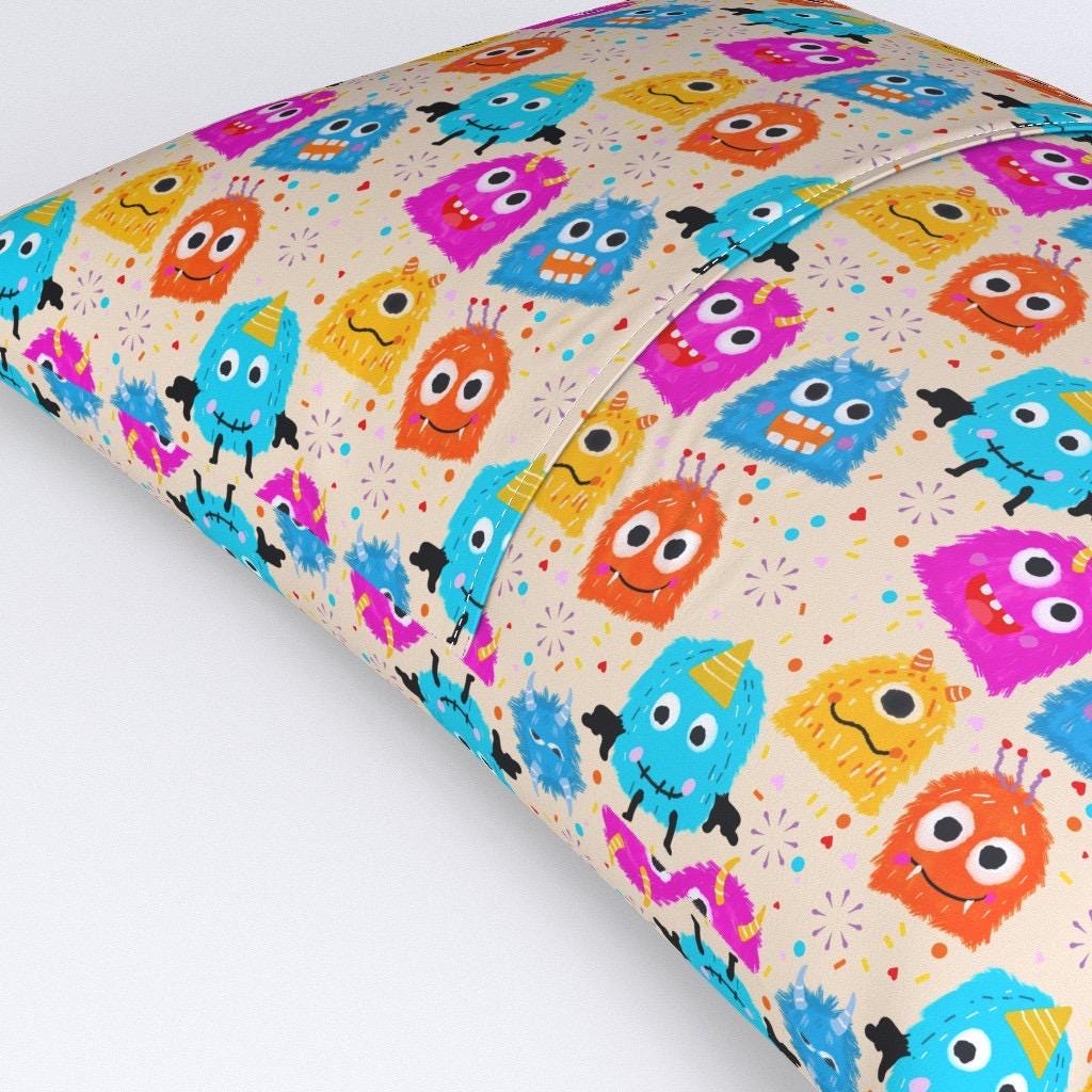 Monster Fabric, Teal Pink Orange Pattern, Nursery Apparel Textile, By Yard