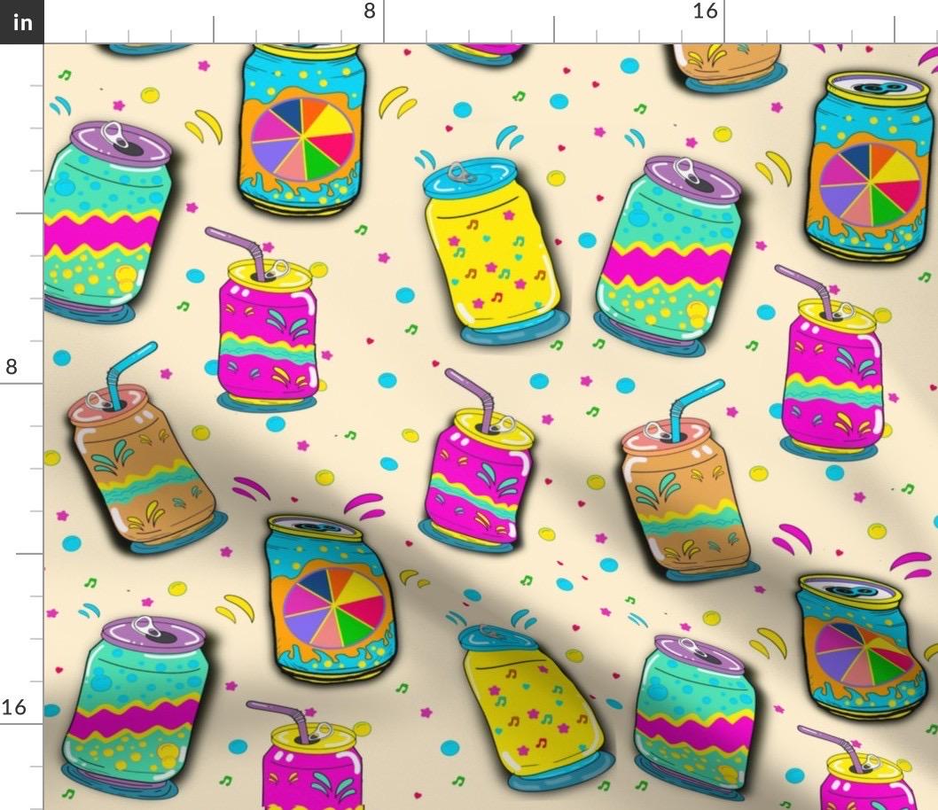Retro Soda Pop Fabric, Playful Cans, Pop Art Pattern, Cotton or Satin