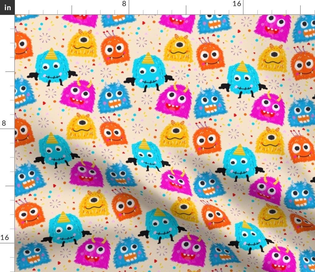 Monster Fabric, Teal Pink Orange Pattern, Nursery Apparel Textile, By Yard