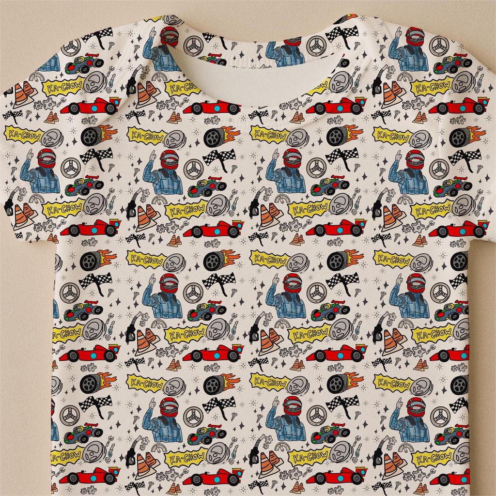 Doodle Racing Cars Fabric, Kids Quilting, Apparel Print, Cotton, Satin, Fabric by the yard