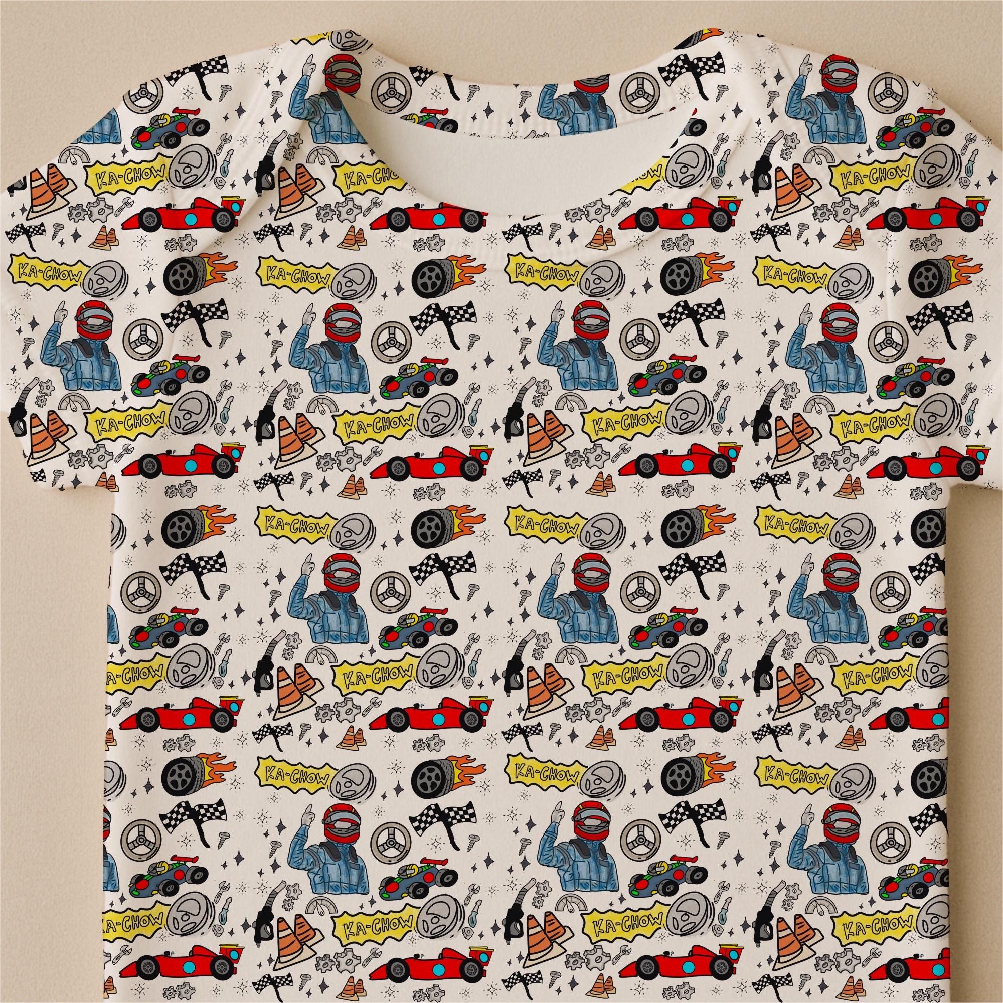 Doodle Racing Cars Fabric, Kids Quilting, Apparel Print, Cotton, Satin, Fabric by the yard