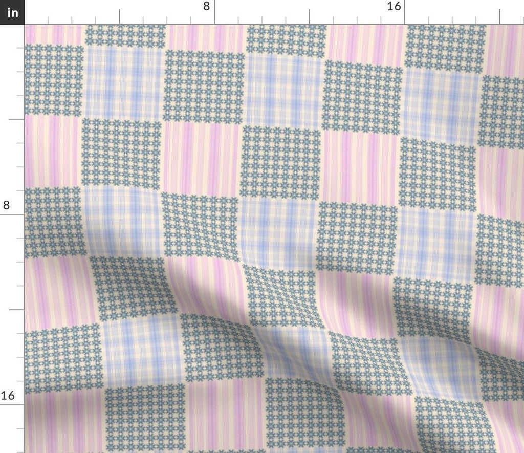 Vintage Patchwork Cotton Fabric, Blue Floral Pink Stripe, Pastel Quilting Material