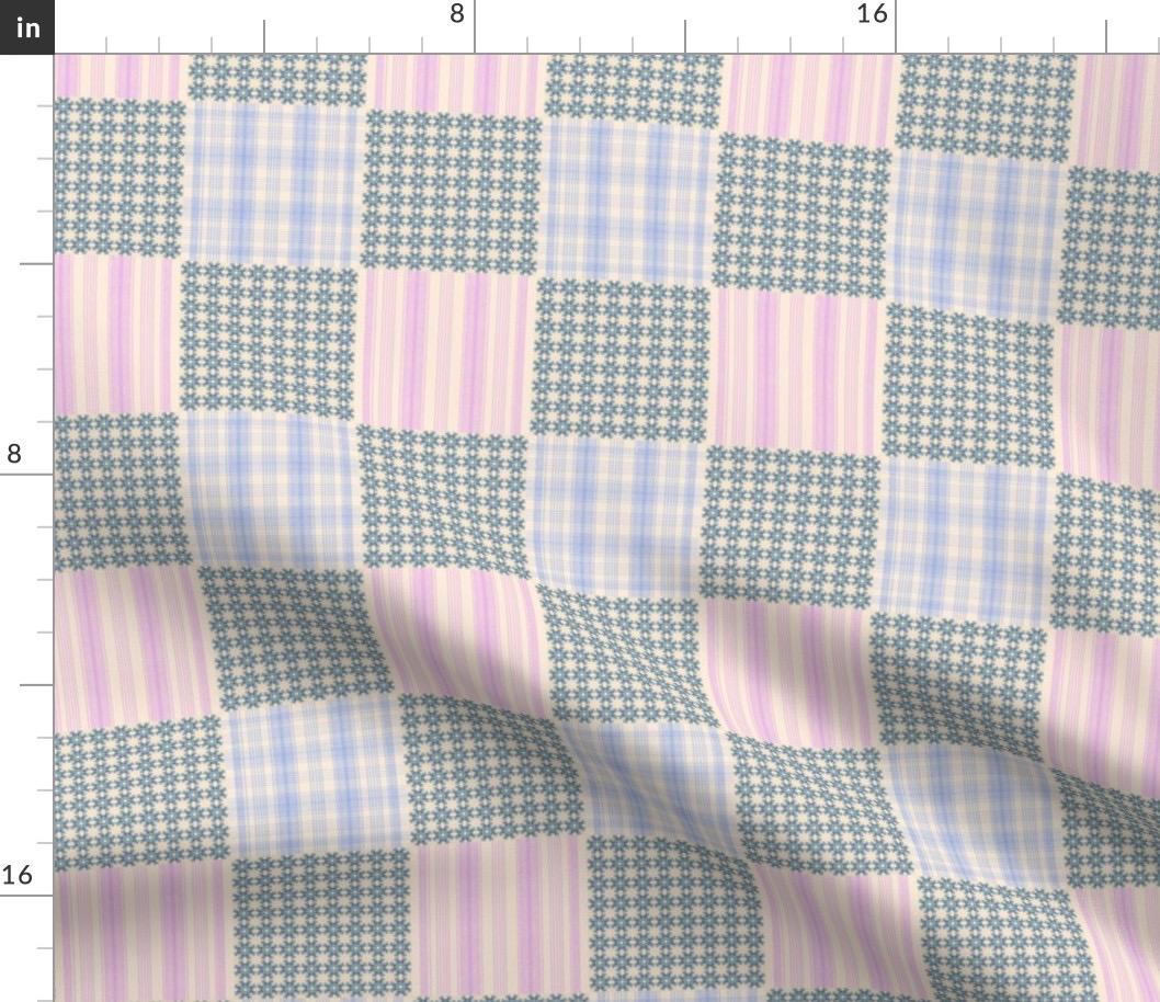 Vintage Patchwork Cotton Fabric, Blue Floral Pink Stripe, Pastel Quilting Material