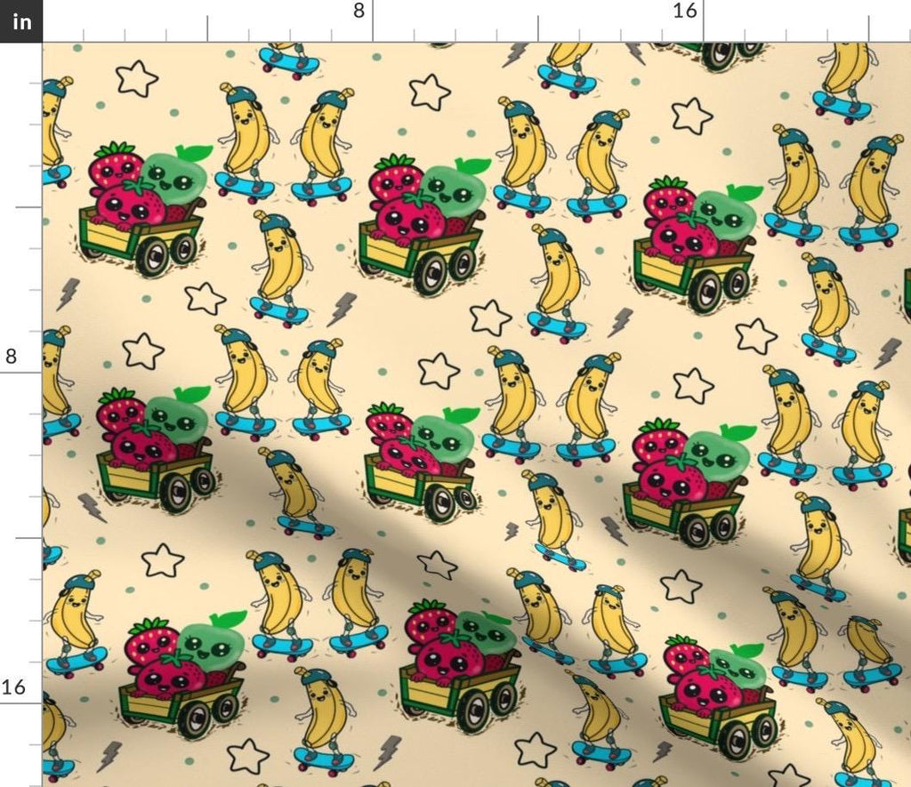 Kawaii Fruits Skateboarding Fabric, Kids Quilting Cotton, Apparel Print