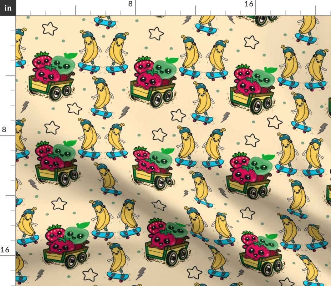Kawaii Fruits Skateboarding Fabric, Kids Quilting Cotton, Apparel Print